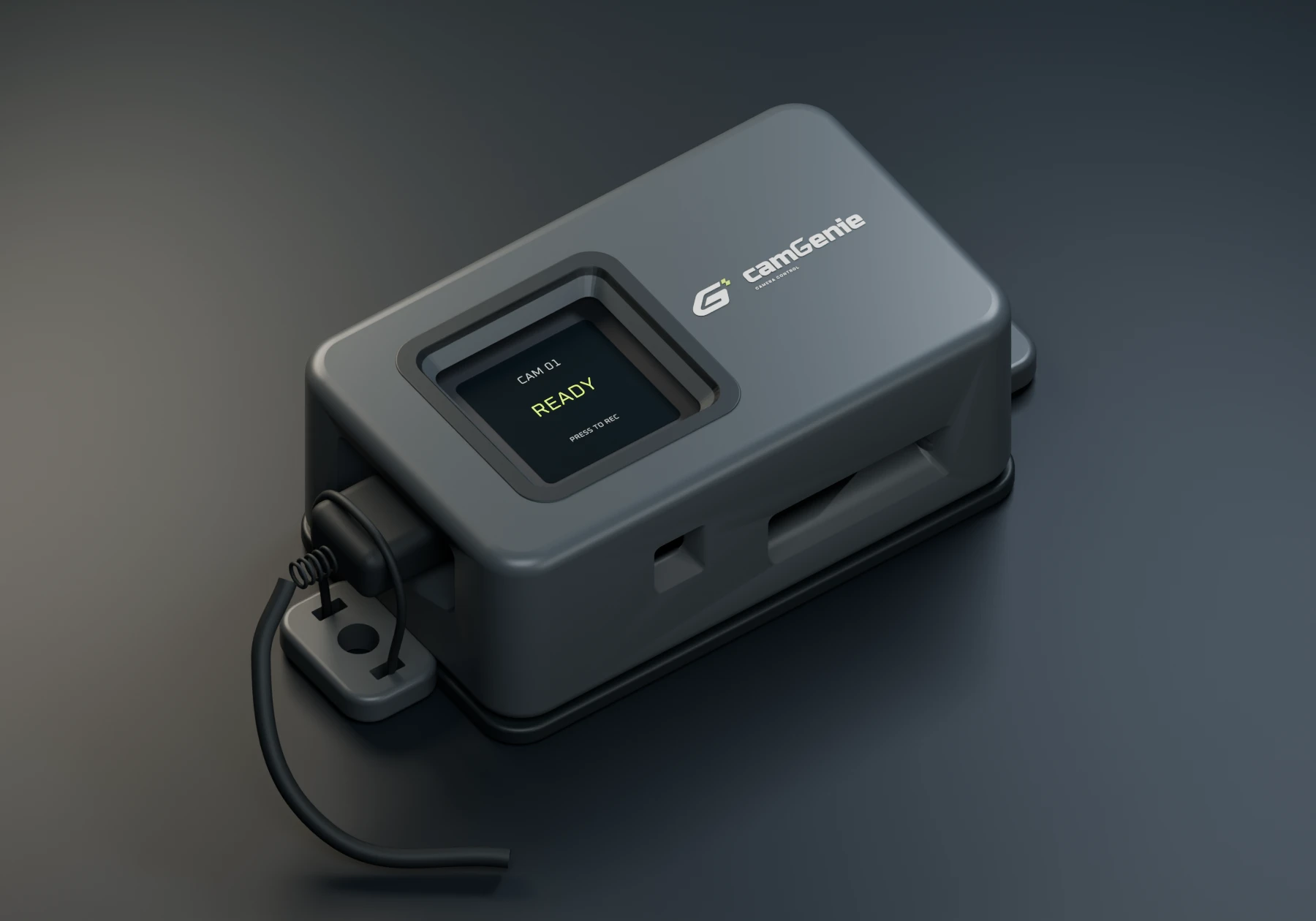 Approved camGenie Control design with an open press-screen, graphite enclosure and USB-C power